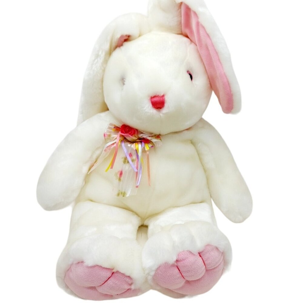 Main Joy Ltd White Rabbit Plush Bunny Pink Ears Ribbon tie Stuffed Animal Easter